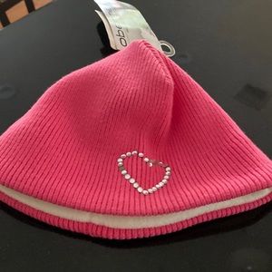 Pink heart knit hat-Obermeyer for girls.Rhinestone heart at front.